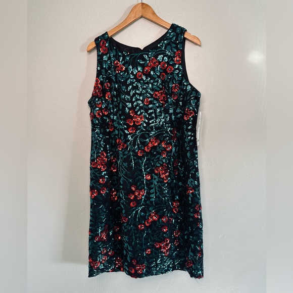 Leslie Fay Sequin Dress Floral Black Red Roses Sleeveless SZ 16 NWT - Picture 2 of 16